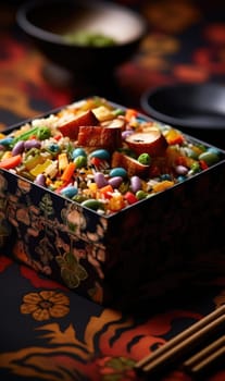 A box with rice and vegetables on a table
