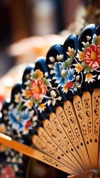 A close up of a colorful fan with flowers