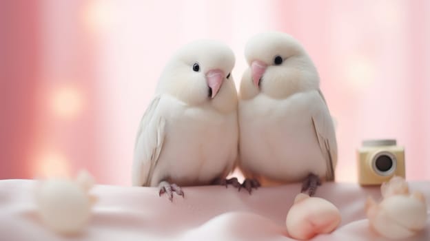 Two white birds sitting on a pink blanket
