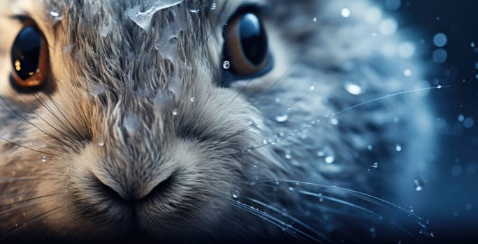 A close up of a rabbit with rain drops on its face