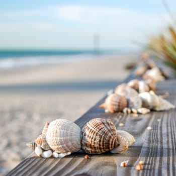 Sea shells on a wooden boardwalk near the beach
