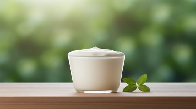 A glass of yogurt with a leaf on the table