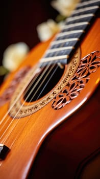 A close up of a guitar with flowers in the background