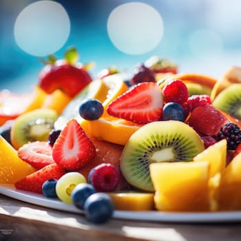 A plate of fruit on a table with a pool in the background