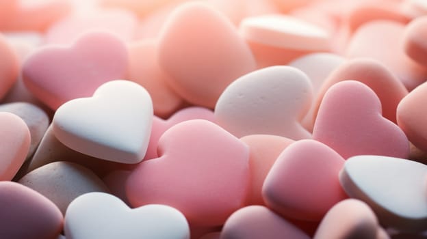 A pile of pink and white heart shaped candies