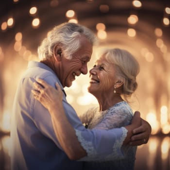 An older couple embracing in front of a lighted tunnel