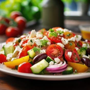 A salad with tomatoes, cucumbers, onions, feta cheese and olives