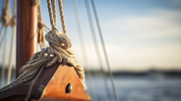 Close up of a rope on the mast of a sailing boat