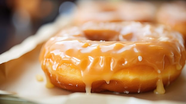 A close up of a donut with glaze on it