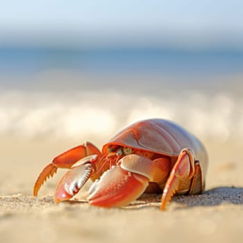 A crab on the beach with its head facing the camera