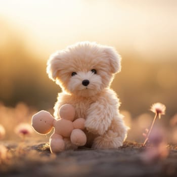 A small teddy bear sitting on a rock