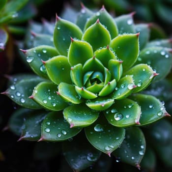 A close up of a succulent plant with water droplets