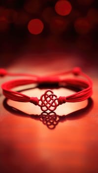 A red bracelet with a knot on it