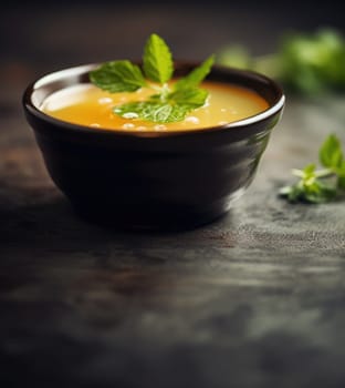 A bowl of soup with mint leaves on a dark table