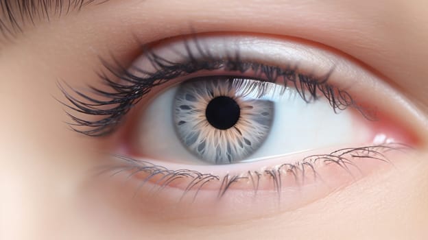 A close up of a woman's eye with a blue eye