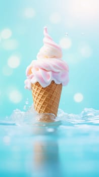 Ice cream in a waffle cone on water