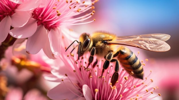 Bee on pink flowers with blue sky background