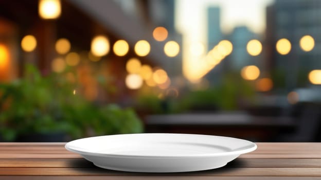 Empty white plate on wooden table with cityscape in background