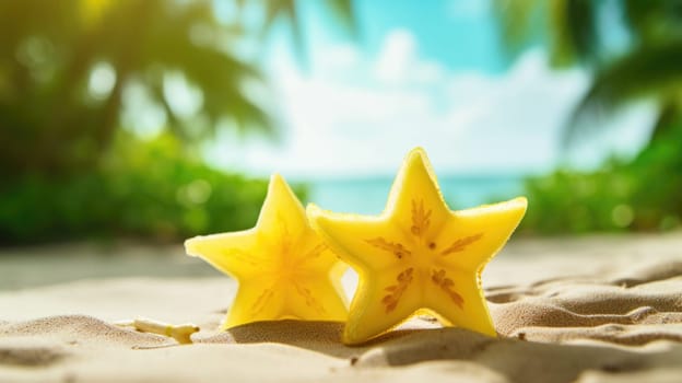 Two slices of starfruit on the beach with palm trees, AI