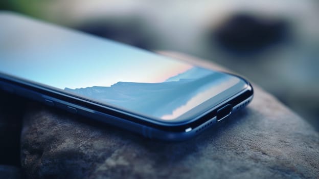 A smartphone sitting on top of a rock