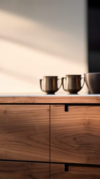 A kitchen counter with a bowl and a cup