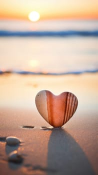 A heart shaped stone on the beach at sunset