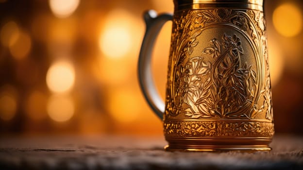 A golden beer stein on a wooden table