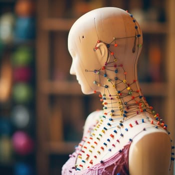 A mannequin with colorful beads on its head