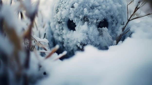 A close up of a snow covered face