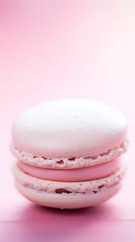 A close up of a macaron on a pink background