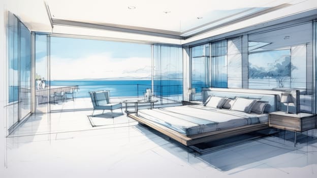 A sketch of a bedroom with a view of the ocean
