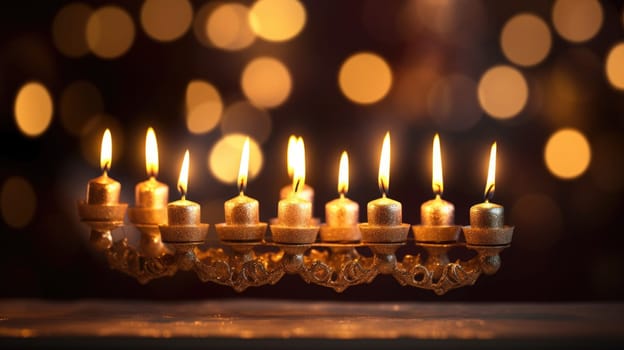 A menorah with lit candles on a table
