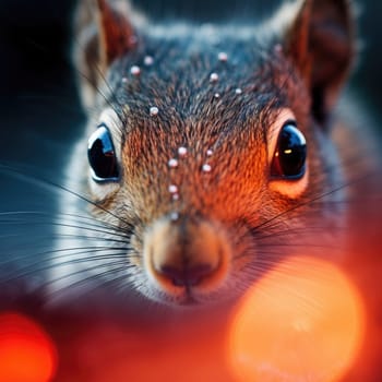 A close up of a squirrel with red lights