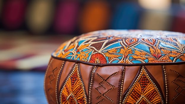A decorative ottoman with colorful designs on it