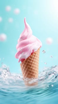 Ice cream in a waffle cone on water with bubbles