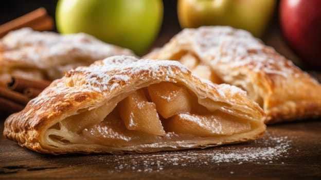 A perfectly flaky apple turnover with cinnamon on a wooden table