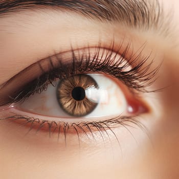A close up of a woman's eye with brown eyes