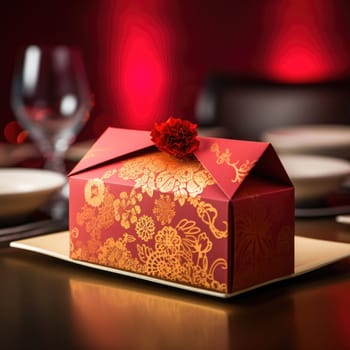 A red box with a red flower on it sitting on a table