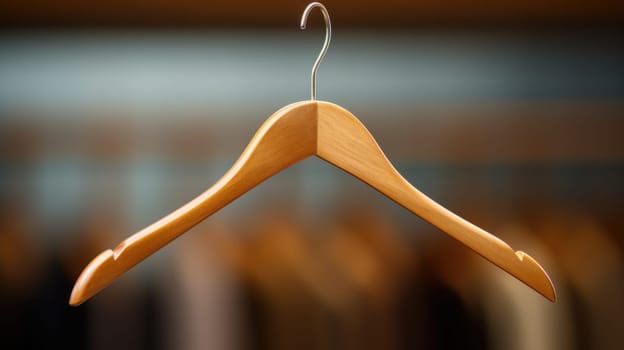 A wooden hanger with a dress shirt hanging on it