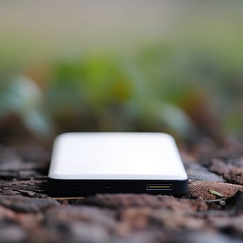 A white and black device is sitting on a leafy ground