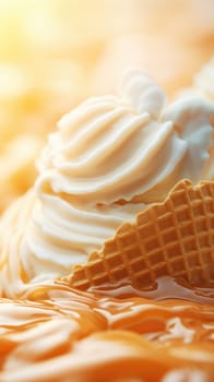 Ice cream in waffle cone with orange syrup