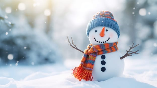 A snowman wearing a hat and scarf in the snow