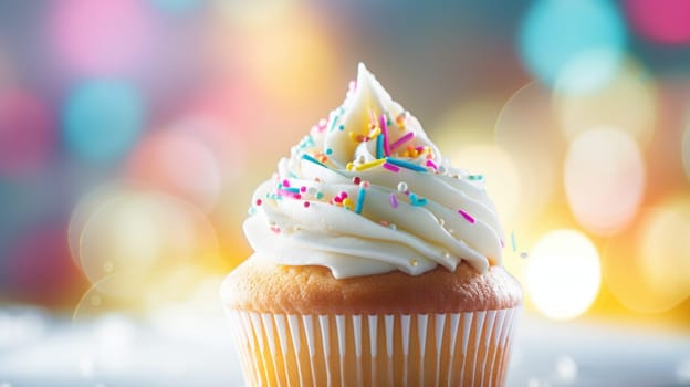 A cupcake with white frosting and sprinkles