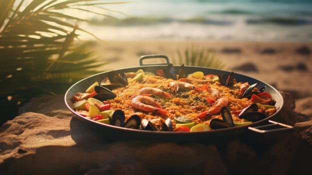 A pan full of seafood paella on the beach