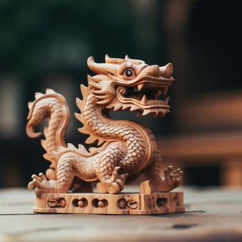 A wooden dragon figurine on a table