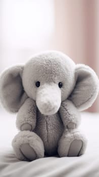 A stuffed elephant sitting on a bed