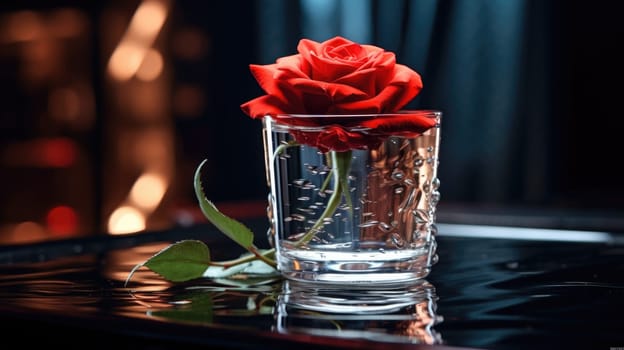 A rose in a glass of water on a table