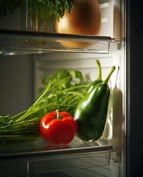 A refrigerator with vegetables and other food