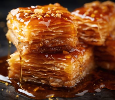 A piece of baklava with syrup and honey