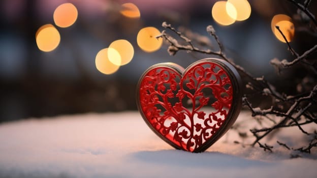 A red heart shaped object in the snow
